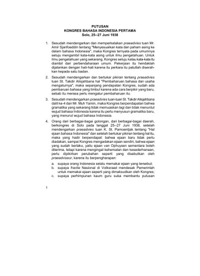 PUTUSAN KONGRES BAHASA INDONESIA PERTAMA Solo, Juni 1938