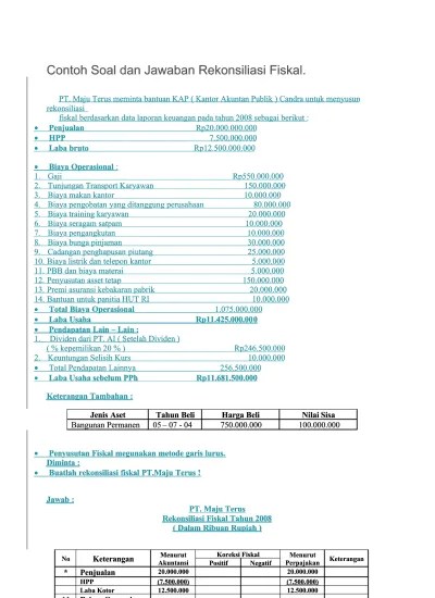 Contoh Soal Dan Jawaban Rekonsiliasi Fiskal