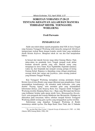 SOROTAN YOHANES 17:20-23 TENTANG KESATUAN ALLAH DAN MANUSIA TERHADAP MISTIK  TOENGGOEL WOELOENG