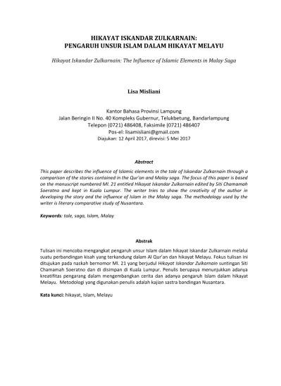 HIKAYAT ISKANDAR ZULKARNAIN: PENGARUH UNSUR ISLAM DALAM HIKAYAT MELAYU