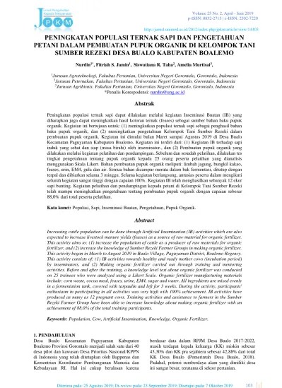 PENINGKATAN POPULASI TERNAK SAPI DAN PENGETAHUAN PETANI DALAM PEMBUATAN  PUPUK ORGANIK DI KELOMPOK TANI SUMBER REZEKI DESA BUALO KABUPATEN BOALEMO