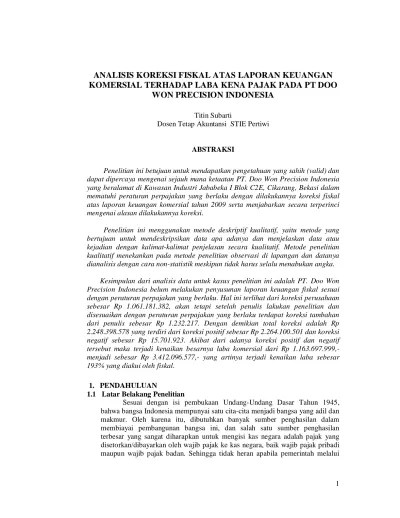ANALISIS KOREKSI FISKAL ATAS LAPORAN KEUANGAN KOMERSIAL TERHADAP LABA KENA  PAJAK PADA PT DOO WON PRECISION INDONESIA