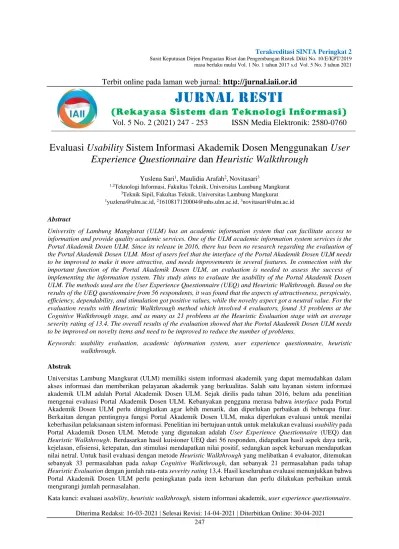 Terbit online pada laman web jurnal: JURNAL RESTI