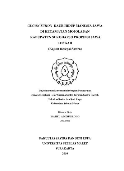 GUGON TUHON DAUR HIDUP MANUSIA JAWA DI KECAMATAN MOJOLABAN KABUPATEN  SUKOHARJO PROPINSI JAWA TENGAH