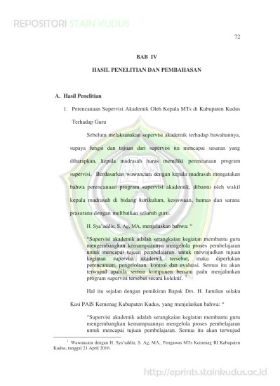 BAB IV HASIL PENELITIAN DAN PEMBAHASAN. 1. Perencanaan Supervisi Akademik  Oleh Kepala MTs di Kabupaten Kudus