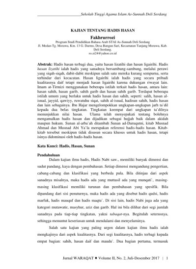 Sekolah Tinggi Agama Islam As-Sunnah Deli Serdang KAJIAN TENTANG HADIS HASAN