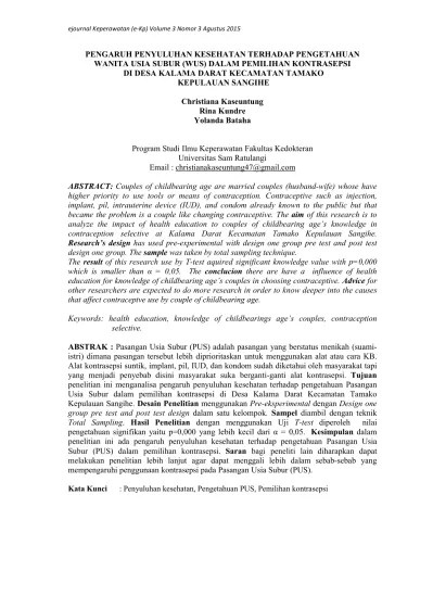PENGARUH PENYULUHAN KESEHATAN TERHADAP PENGETAHUAN WANITA USIA SUBUR (WUS)  DALAM PEMILIHAN KONTRASEPSI DI DESA KA DARAT KECAMATAN TAMAKO KEPULAUAN  SANGIHE | Kaseuntung | JURNAL KEPERAWATAN 8779 17359 1 SM