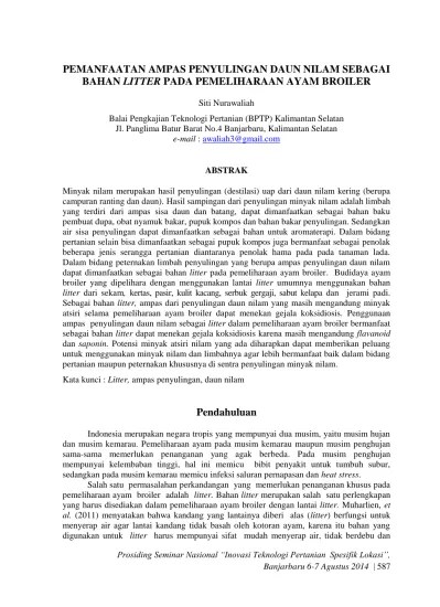 PEMANFAATAN AMPAS PENYULINGAN DAUN NILAM SEBAGAI BAHAN LITTER PADA  PEMELIHARAAN AYAM BROILER