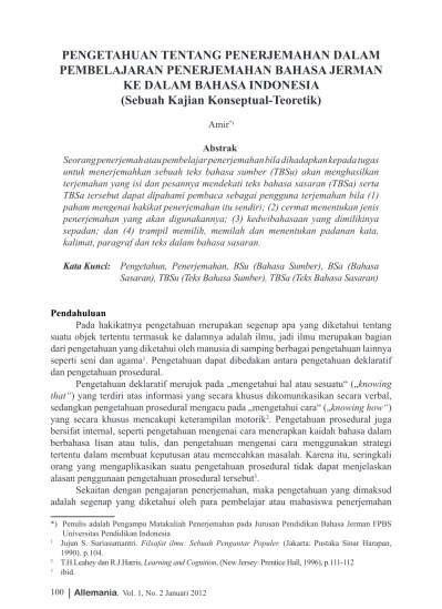 PENGETAHUAN TENTANG PENERJEMAHAN DALAM PEMBELAJARAN PENERJEMAHAN BAHASA  JERMAN KE DALAM BAHASA INDONESIA (Sebuah Kajian Konseptual-Teoretik)
