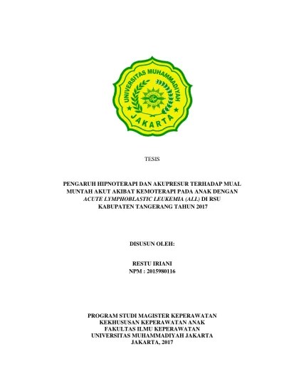 PENGARUH HIPNOTERAPI DAN AKUPRESUR TERHADAP MUAL MUNTAH AKUT AKIBAT  KEMOTERAPI PADA ANAK DENGAN ACUTE LYMPHOBLASTIC LEUKEMIA (ALL)