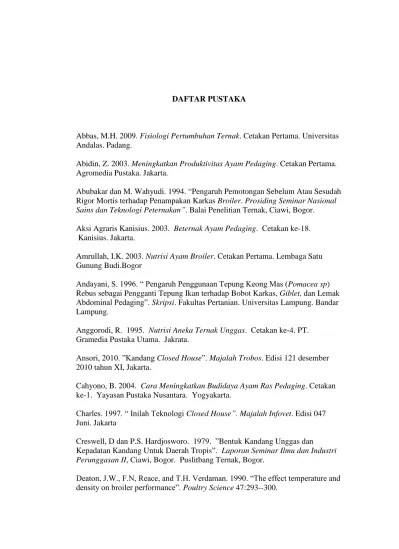 DAFTAR PUSTAKA. Abbas, M.H Fisiologi Pertumbuhan Ternak. Cetakan Pertama.  Universitas Andalas. Padang.
