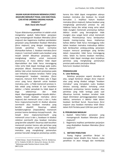 Kajian Hukum Keadaan Memaksa (Force Majeure) Menurut Pasal 1244 Dan Pasal  1245 Kitab Undang-undang Hukum Perdata