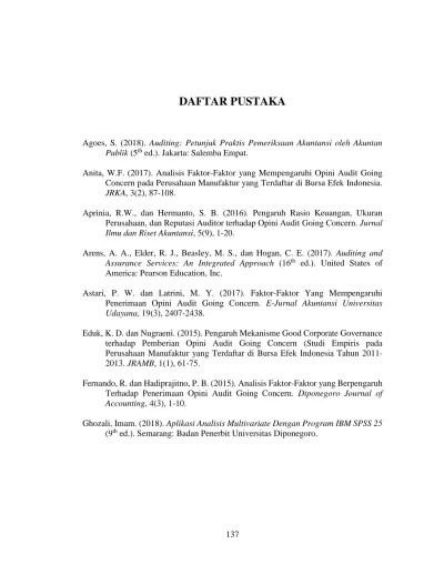 DAFTAR PUSTAKA. Agoes, S. (2018). Auditing: Petunjuk Praktis Pemeriksaan  Akuntansi oleh Akuntan Publik (5 th ed.). Jakarta: Salemba Empat.
