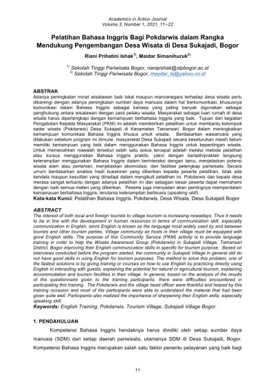 PELATIHAN BAHASA INGGRIS UNTUK KELOMPOK SADAR WISATA DALAM PROGRAM DESA  BINAAN DI DESA PANJI