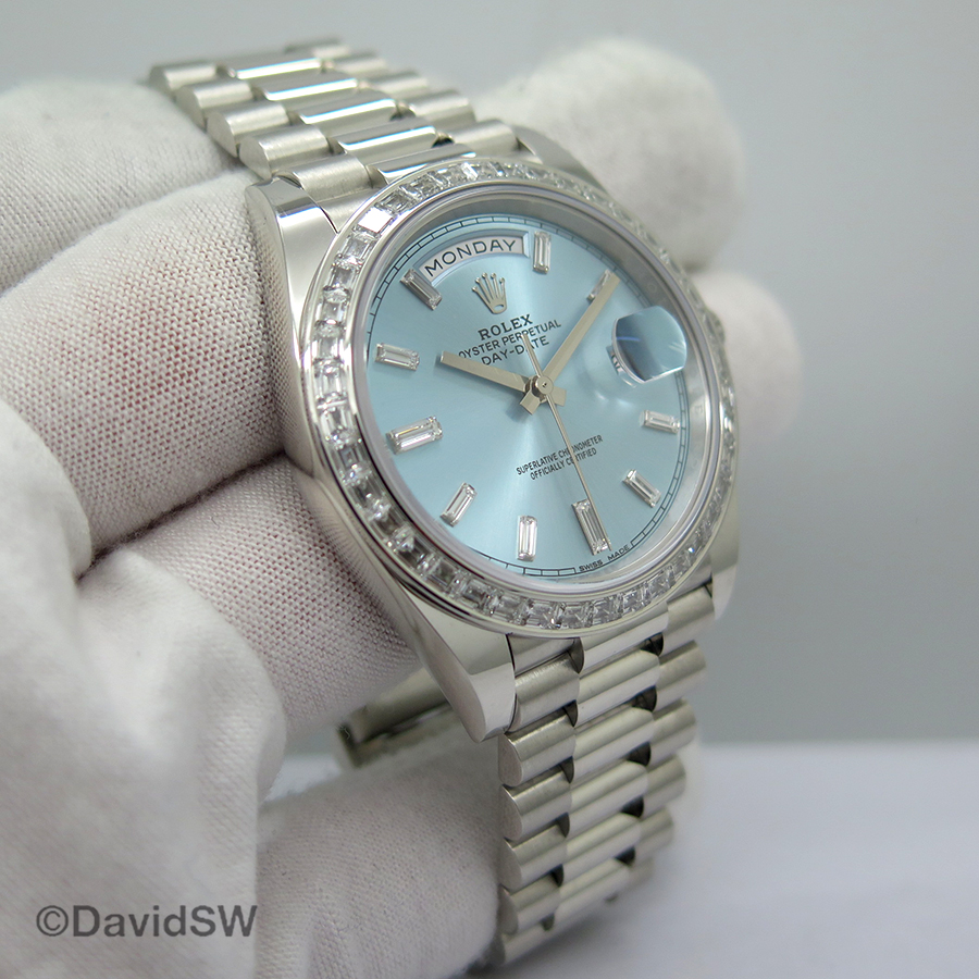 Rolex 228396tbr Day Date 40 Platinum With Ice Blue Baguette Diamond Dial Davidsw
