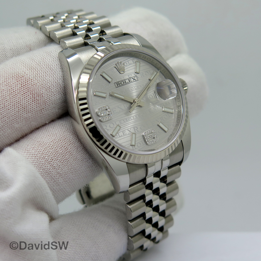 Rolex 116234 Datejust With Rhodium Waves Diamond 6 And 9 Dial Davidsw