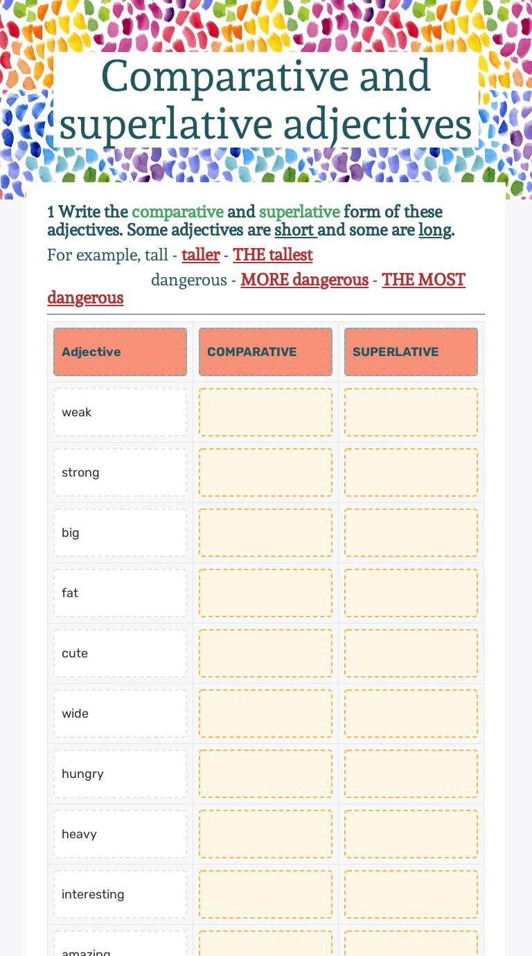 Comparative and superlative adjectives | Interactive Worksheet by Thurayya  Alhajri | Wizer.me