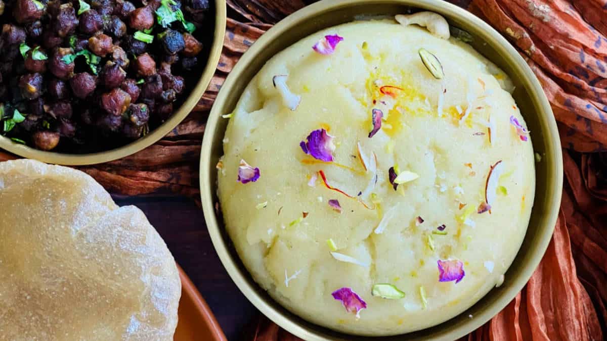 Halwa served with poori and chana.