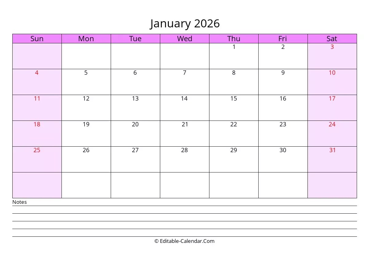 2026 Printable Monthly Calendar Free Template Editable