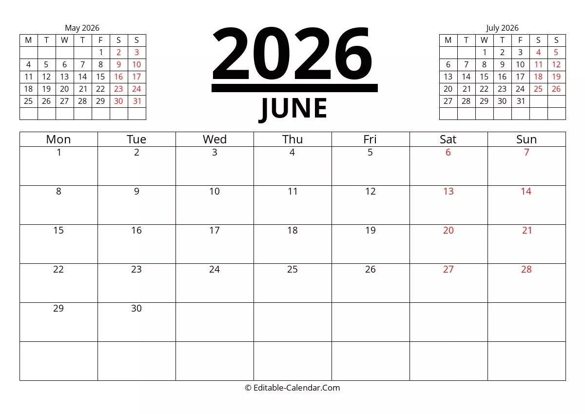 June 2026 Weekly Calendar Printable Calendar