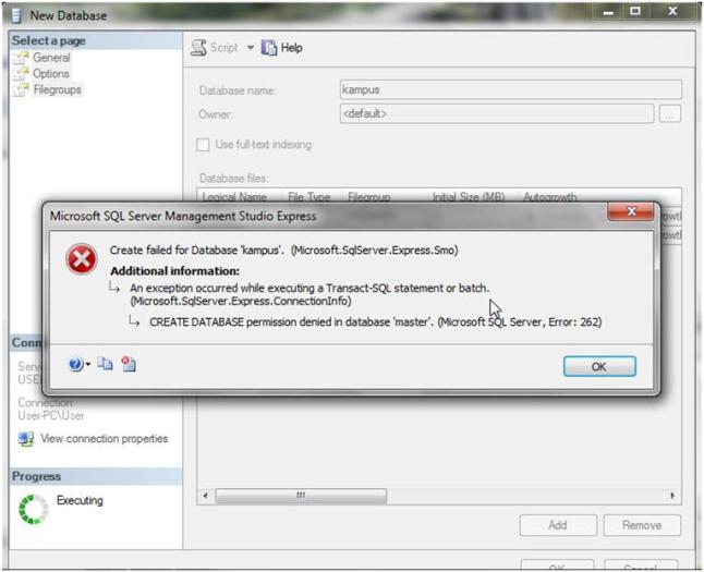 SQL SERVER 2005: CREATE DATABASE PERMISSION DENIED IN DATABASE ‘MASTER’ –  Eirene’s Blog