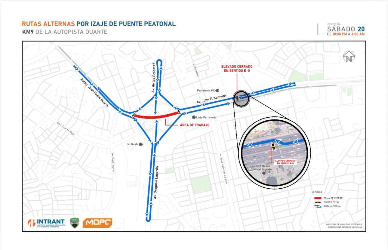 Cerrarán carriles centrales del km 9 de la Autopista Duarte este sábado por instalación de puente peatonal