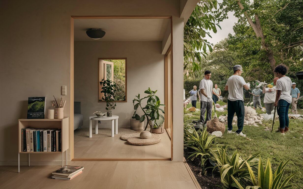 An inspiring image of a sustainable and eco-friendly living space, featuring a minimalistic interior design with only essential and carefully-chosen items. A small bookshelf holds books on environmentalism and sustainability, while a plant sits in a corner, purifying the air.