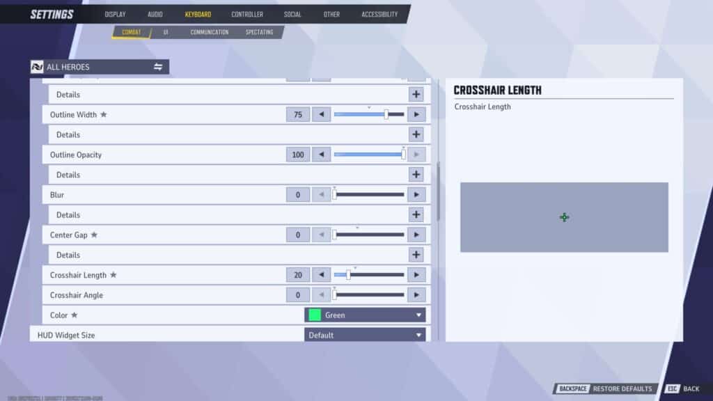 Screenshot of a Marvel Rivals settings menu, displaying options to customize crosshair length, color, and related graphics settings.
