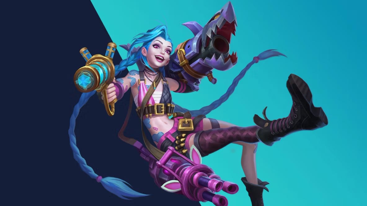Jinx with blue hair and a mischievous smile, wielding imaginative weapons
