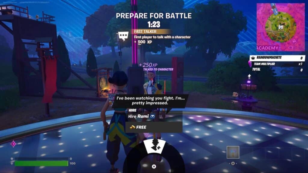 Player hiring Rumi as an NPC ally in Fortnite Demon Rush mode