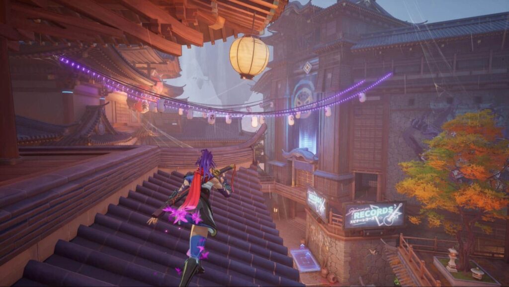 Marvel Rivals scene featuring character running on traditional Asian rooftops