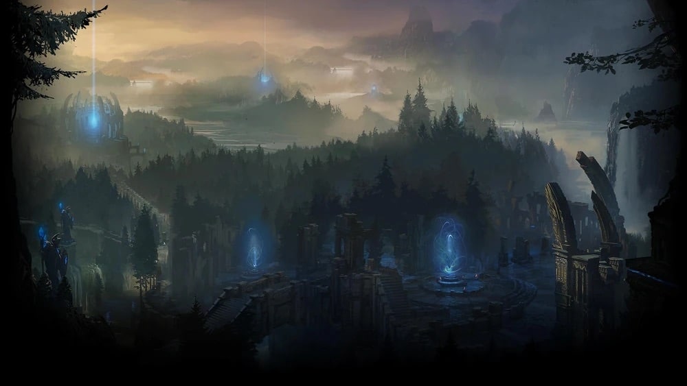 Concept art from the game League of Legends depicting a dark fantasy landscape with dense forests, ancient stone ruins, and glowing blue structures on the