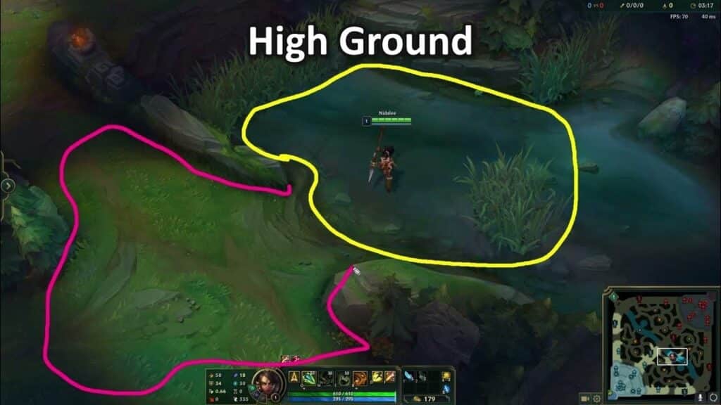 A screenshot from the game League of Legends shows the character Nidalee standing in the river area of the map