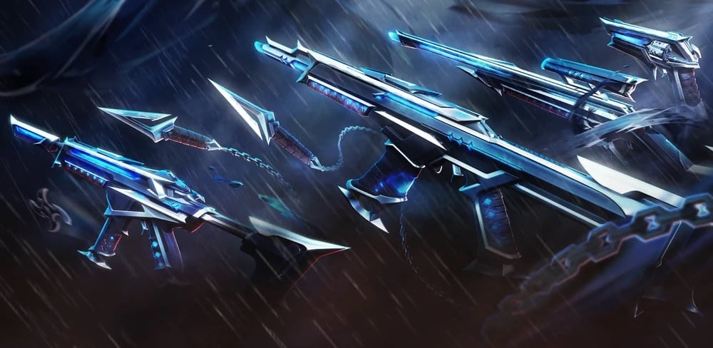 An image of the Kuronami Collection weapon skins from the game Valorant, featuring several sleek, blue and silver, futuristic firearms and a karambit-style melee weapon set against a stormy, rainy backdrop