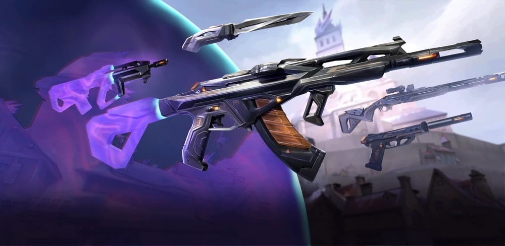 An image of the Phaseguard Collection weapon skins from the game Valorant, featuring several sleek, black firearms with bright purple, blue, green, and orange-yellow accents