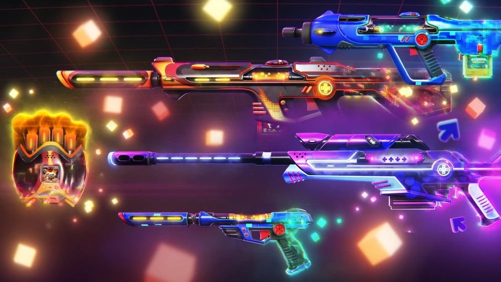 An image of the Radiant Entertainment System Collection weapon skins from the game Valorant, featuring several retro arcade-themed firearms and a