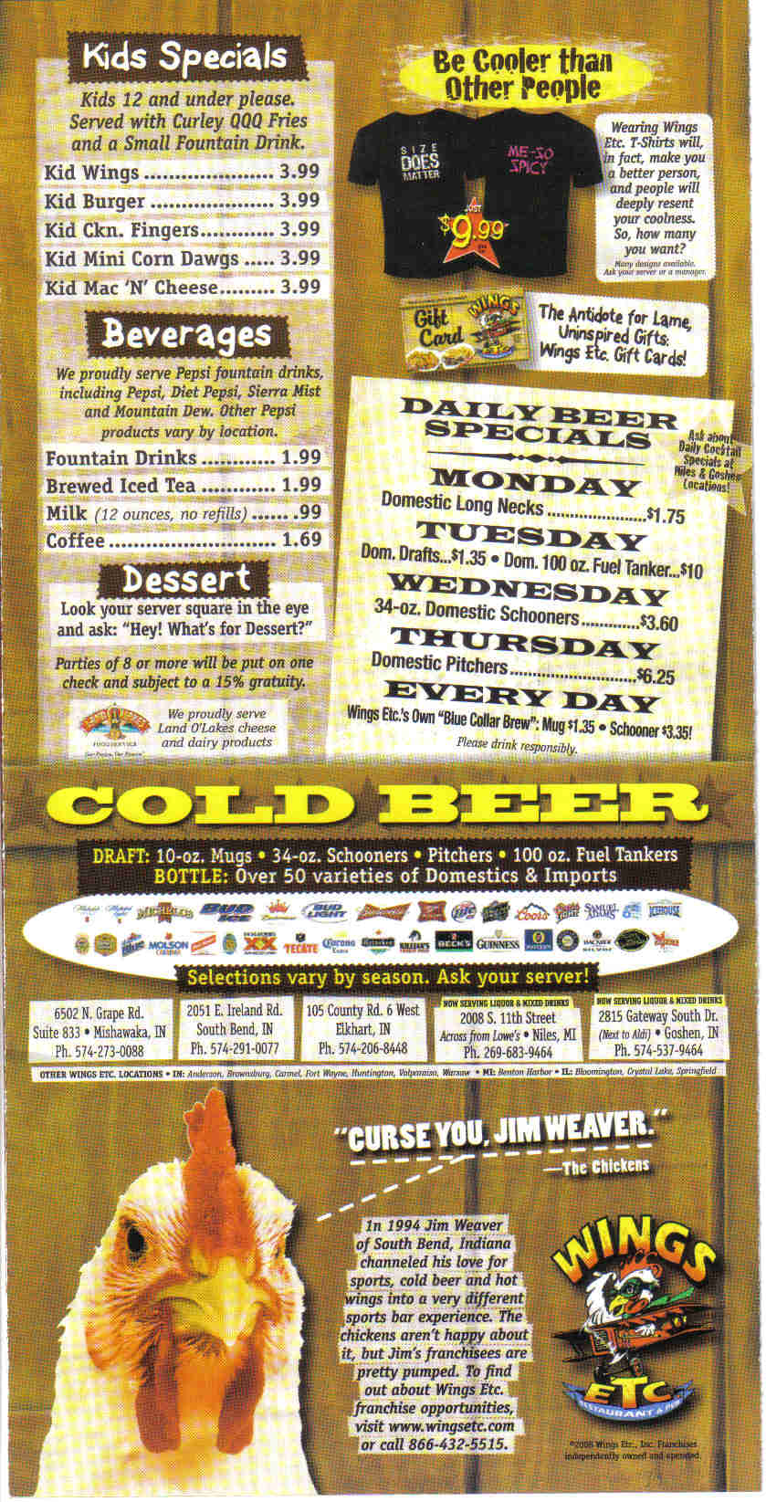 Wings etc drink menu