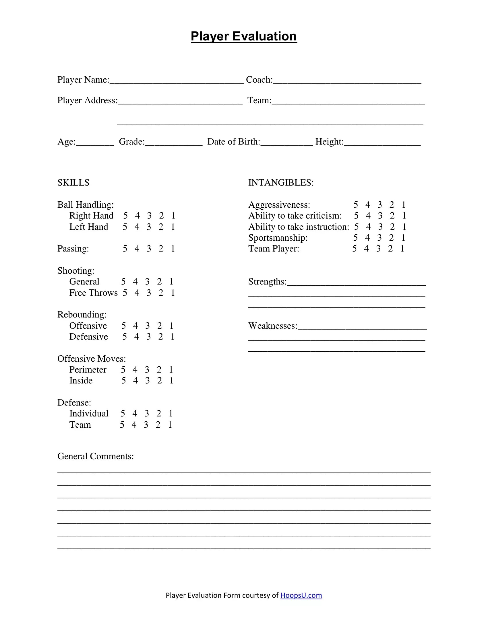 tryout evaluation form softball