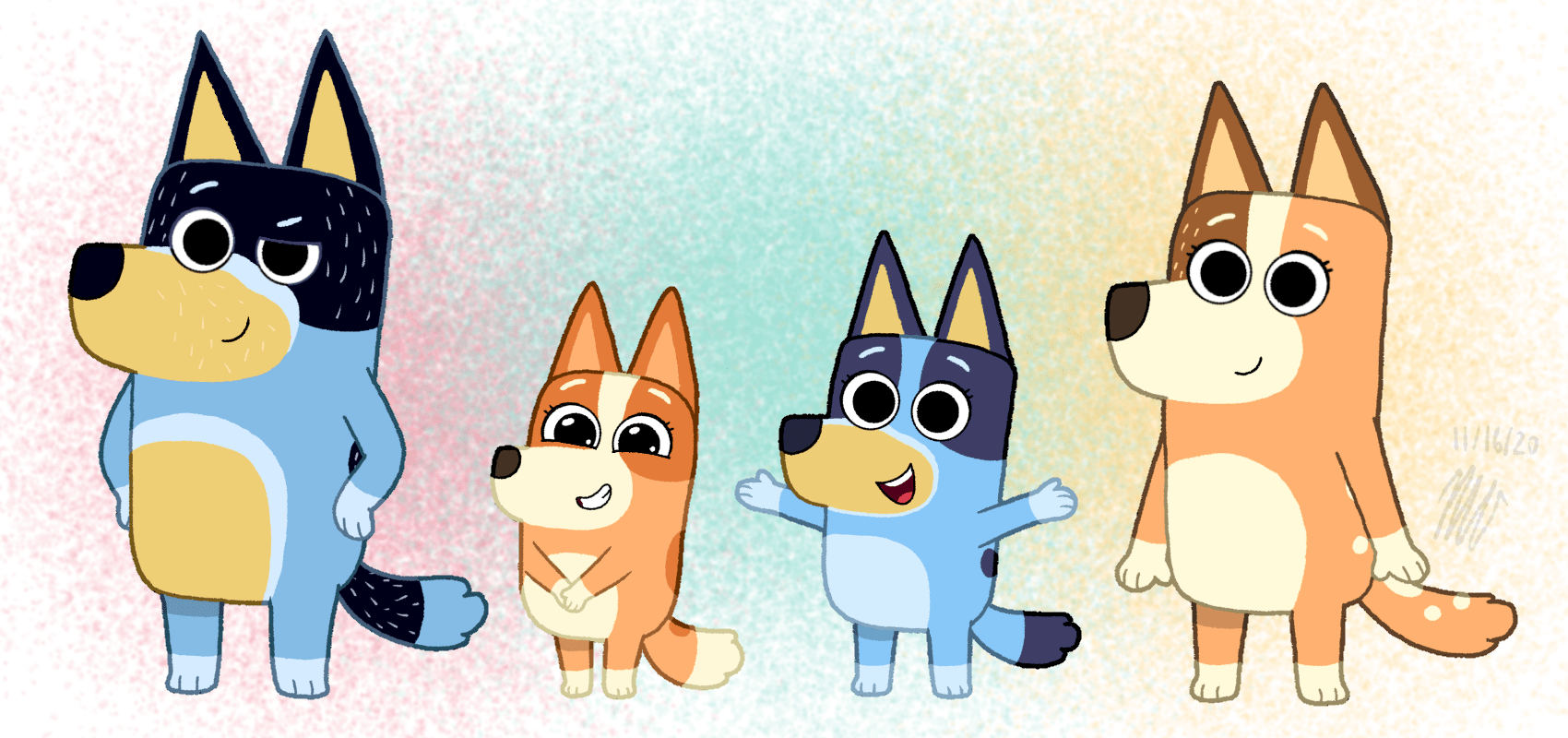 68274 - safe, artist:flutteryoshi952, bandit heeler (bluey), bingo heeler ( bluey), bluey heeler (bluey), chilli heeler (bluey), australian cattle dog, canine, dog, mammal, semi-anthro, bluey (series), blue body, blue fur, cream body, cream