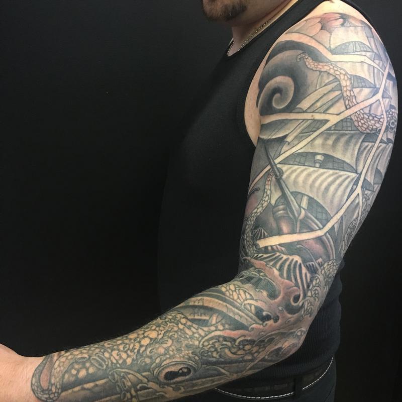 Ship In Stormy Seas With Kraken Black And Grey Tattoo Sleeve By Dana Helmuth: Tattoonow 800_x_800_jpg