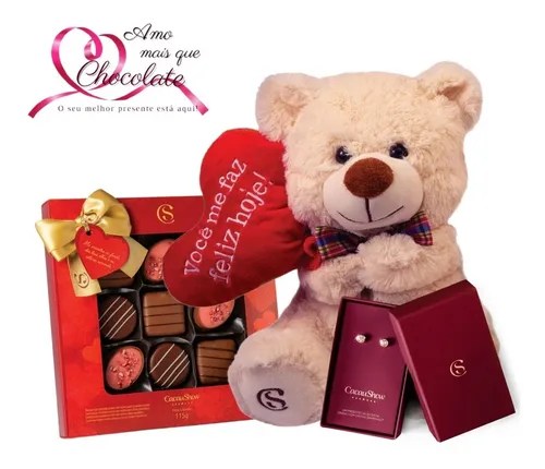 Presente Especial Chocolate Cacau Show E Brincos Swarovski Amo Mais Que Chocolate