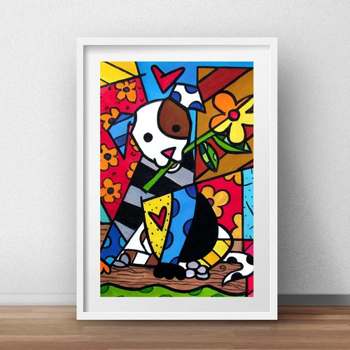 Quadro Decorativo Romero Britto Cachorro Flor Mold Vidro A3 Parcelamento Sem Juros