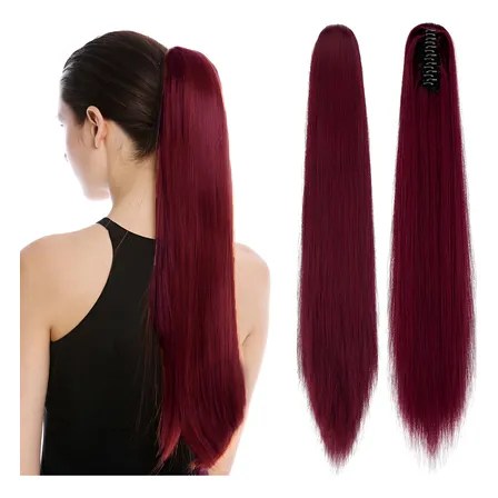 Extensiones De Cola De Caballo Clip Garra Recta 21 Pulgadas Color Vino Rojo