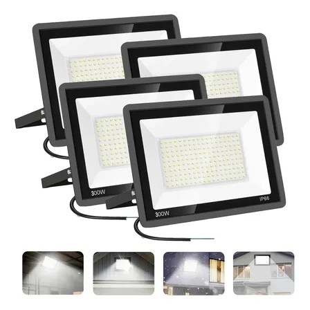 Paquete De 4 Focos Led De 300 W, Ip66, Impermeables, Para Exteriores, De Seguridad, 11500 Lm, Superbrillantes, Luz… Negro Blanco Frío