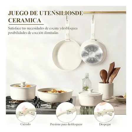 Bateria De Cocina 13 Piezas De Cerámica Antiadherente Con Mango Desmontable Utensilios De Cocina De Inducción Para Autocaravana Aptos Para Horno Y Lavavajillas Color Blanco