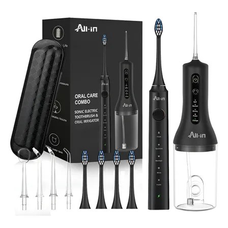 All-in® Irrigador Bucal De Dientes Portatilirrigador Bucal Profesional Con 4 Boquillas4 Modos300ml Ipx7, Impermeable Y Recargable+cepillo Eléctrico Dental Recargable +4 Cabezales5 Modos Negro