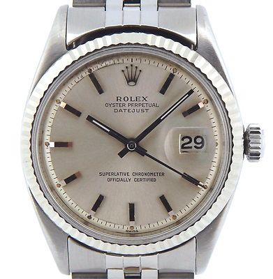 Rolex Datejust Mens Stainless Steel Watch 18k White Gold Bezel Silver Dial 1601 Ebay