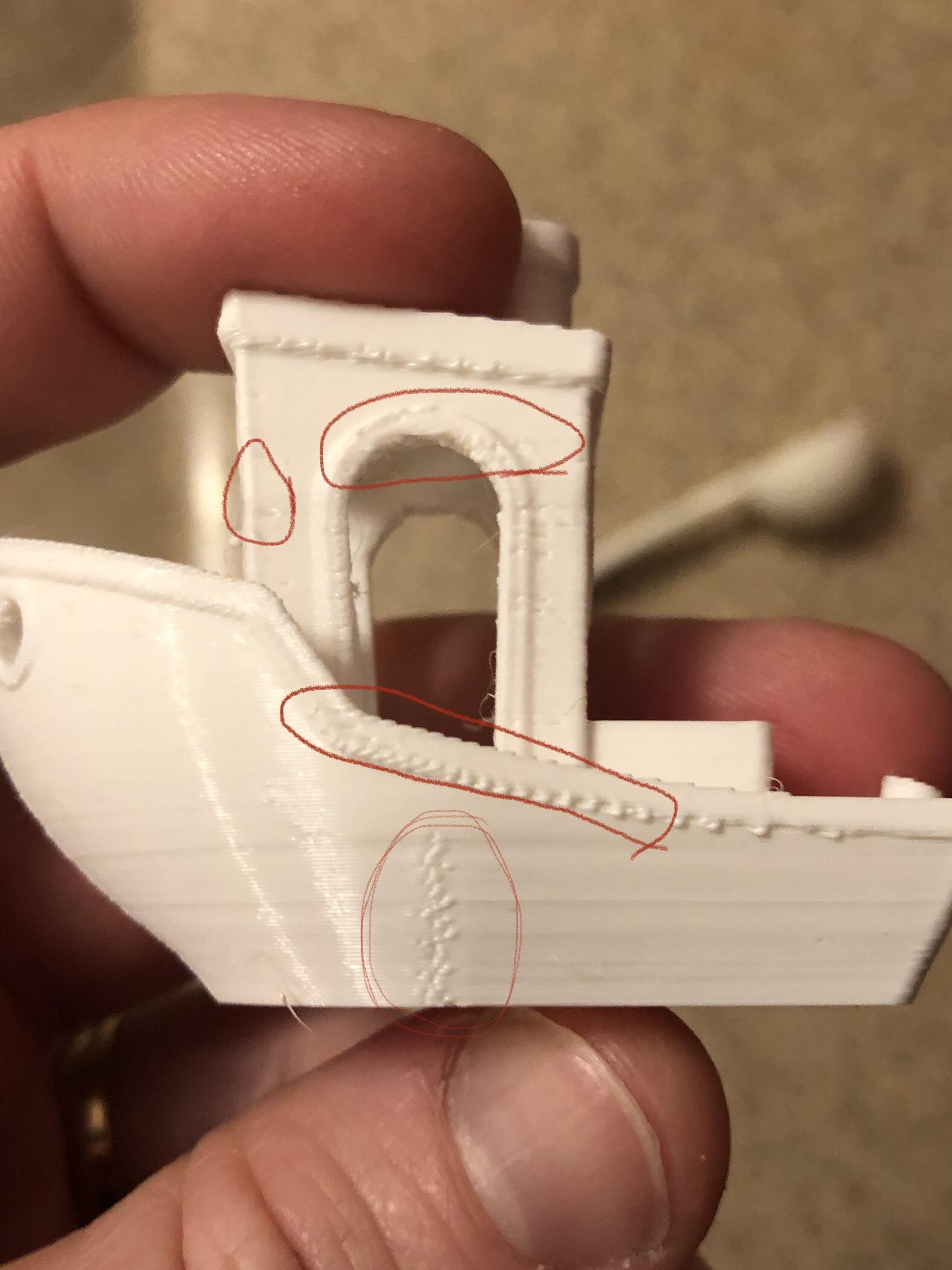 3dbenchy Problems See Red Circles Areas Petg Print Speed 50mm Sec Retraction Of 7mm 45mm Sec 0 20mm Layer Height Printed On Ender 3 With Skr1 3 Board Using Junction Deviation But Not Linear Advance I Hope That S