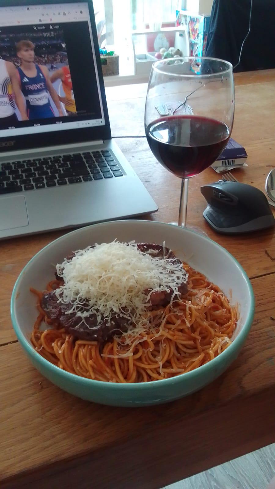 basghetti with harissa, red pesto, and jarlic, garnished with a small ribeye and all my parmesan.. Aldi Cotes du Rhone, Olympics, and some Nytol for dessert : rshittyfoodporn Tripadvisor ambrosia