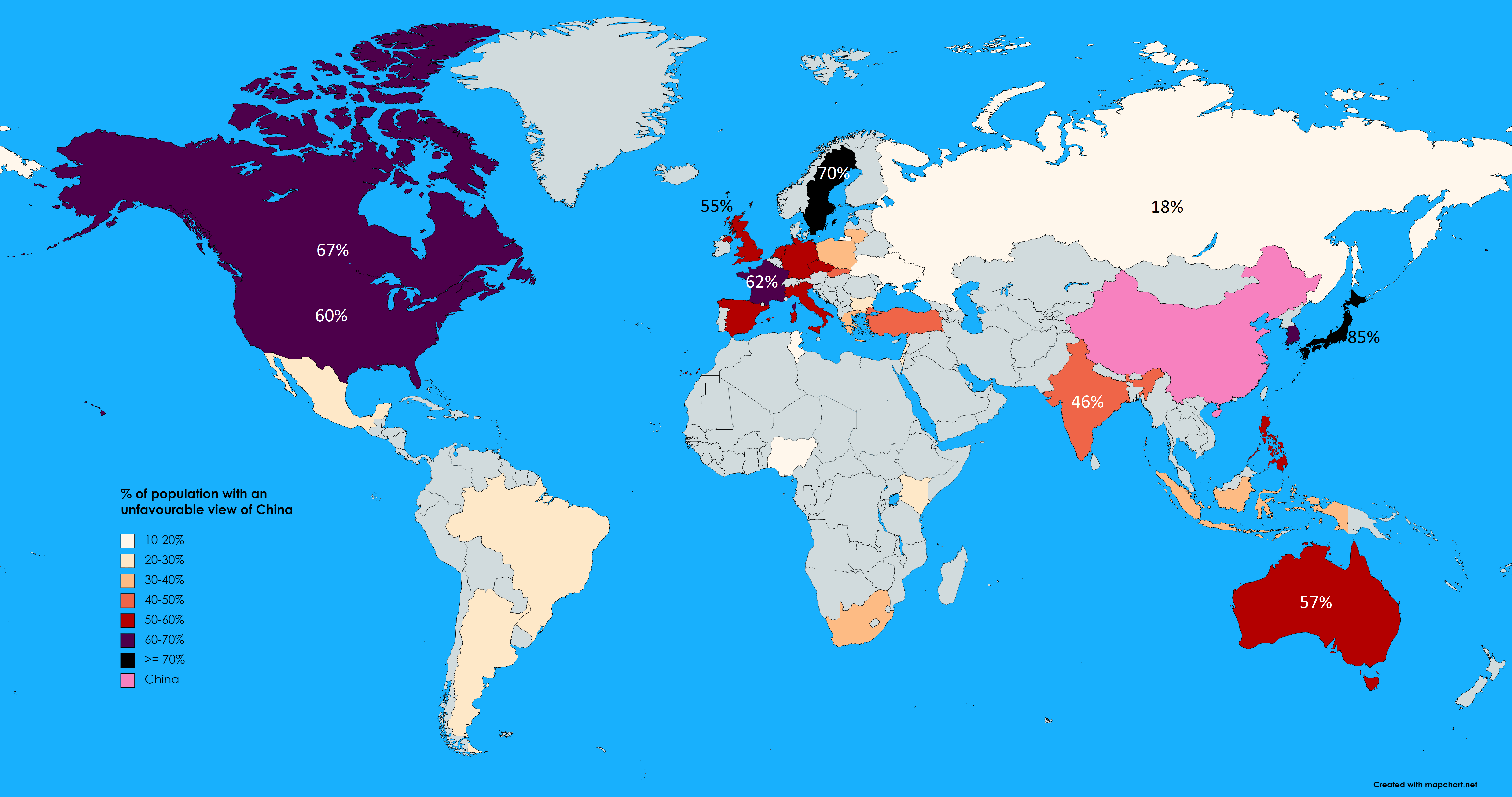Percentage Of Population With Unfavourable Views Of China 2019 Survey R Mapporn